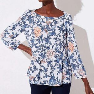 LOFT Floral Cutout Peplum Blouse White & Blue Size XS